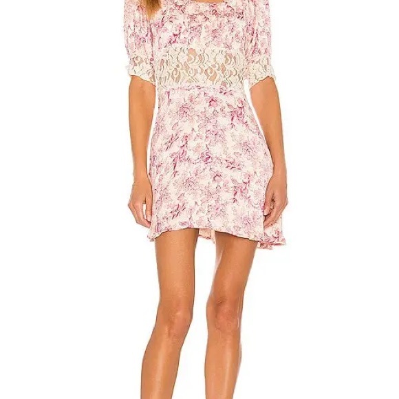 FREE PEOPLE Lucie Mini in Pink Combo Tie Back Dress w/ Lace - Picture 10 of 11